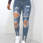 Navy blue ripped holes skinny jeans