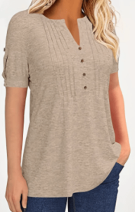 Women's casual crew neck pleated button t-shirt